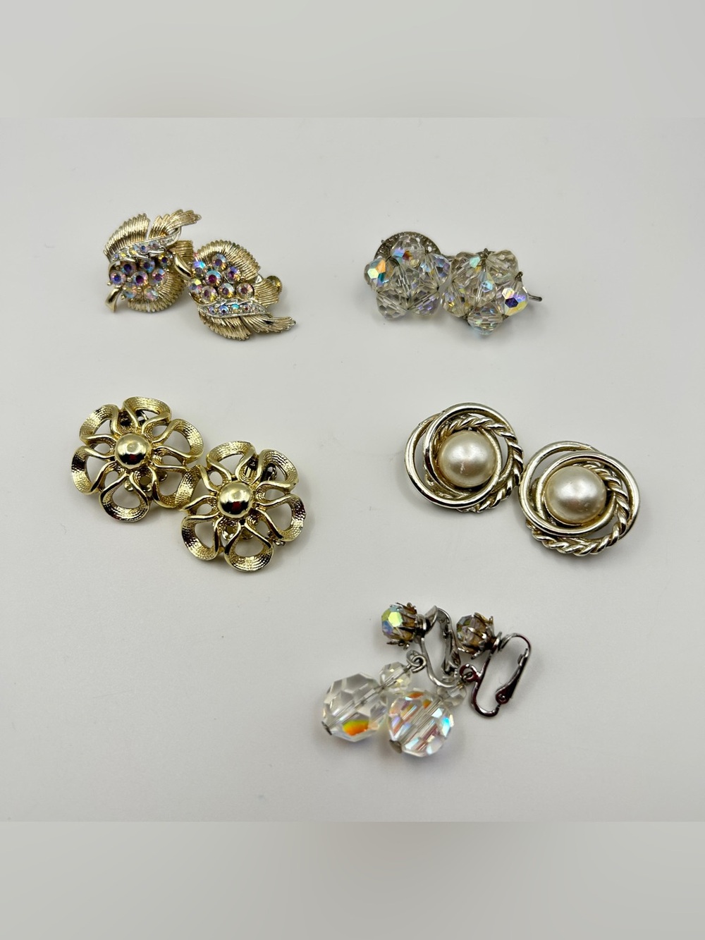 Vintage Coro Gold Tone AB Rhinestone Clip On Earrings Lot of 5 Pairs